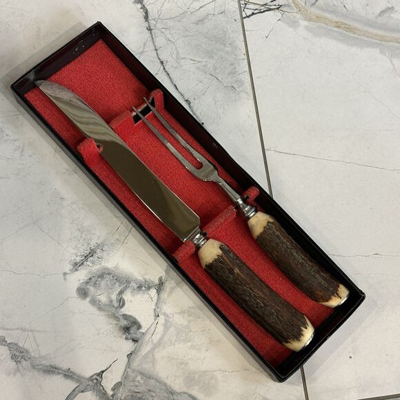 Vintage HOFFRITZ Made in England 2 Piece STAG HANDLE Carving Set NEW IN BOX